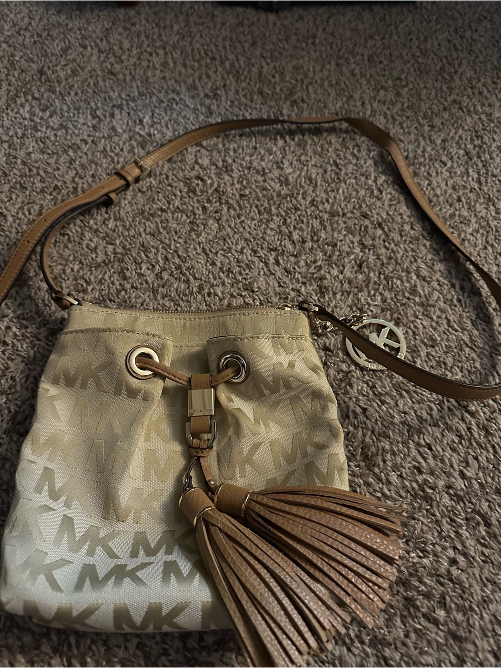Michael Kors Tan and Beige Logo Zip Top Crossbody with Tassel